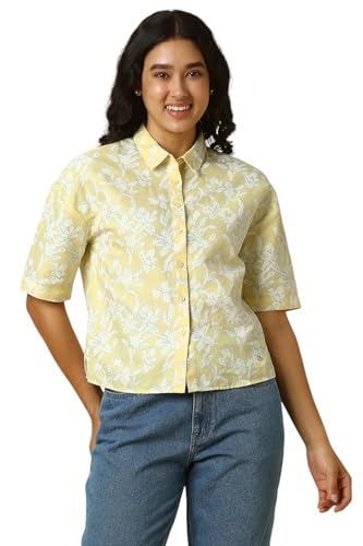 Women Yellow Print Short Sleeves Shirt