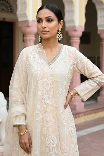 Wishful Women’s Powder Yellow Sequins Embroidered Straight Georgette Kurta with Straight Pants and Dupatta Set - (SP13602-400512-S)