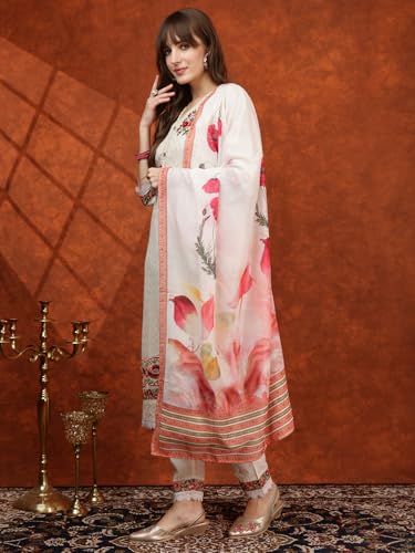 NIVANA Hand Embroidered & Chikankari Kurta with Pant & Floral Printed Dupatta | L | Cream | V-Neck | 3/4 Sleeves | Straight Fit