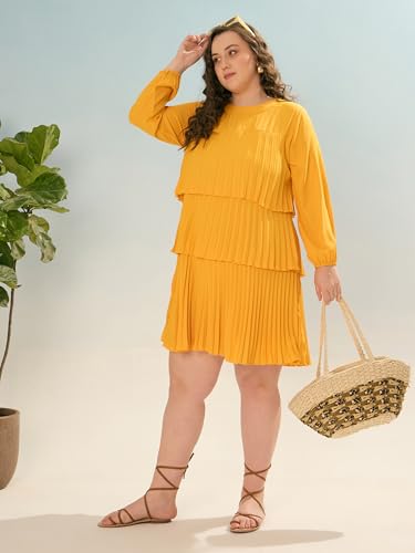 SASSAFRAS Curve Women's Heavy Georgette Above The Knee Tiered Skater Dress (SFDRSS12916_Mustard_4XL)