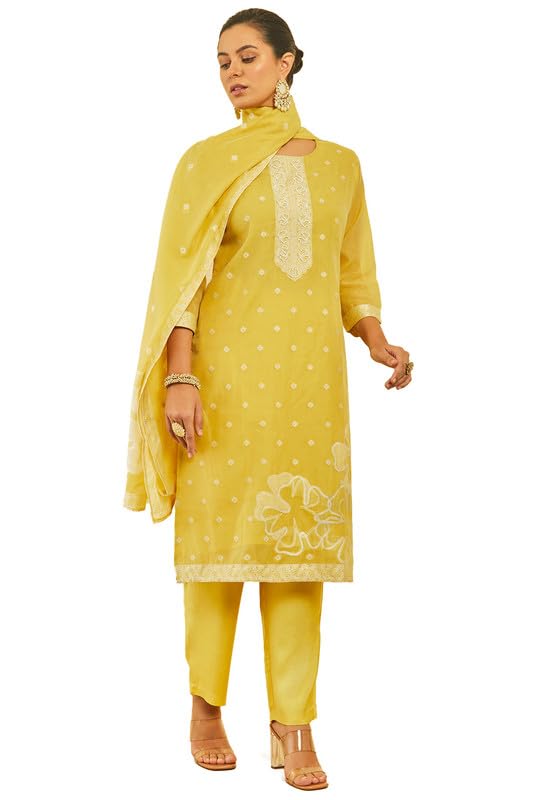 Soch Womens Yellow Chanderi Woven Design Suit Set