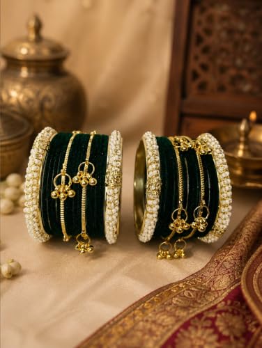 MM JEWELS Kashmiri Velvet Bangles with Gunghro Set And Bangle for Women| Traditional, Fancy Glass Chudi Set for Festival, Wedding, and Party (Set Of 32) (Dark Green, 2.2)