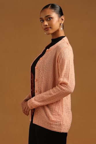 Soch Womens Peach Acrylic Knitted Cardigan with Beads and Stones