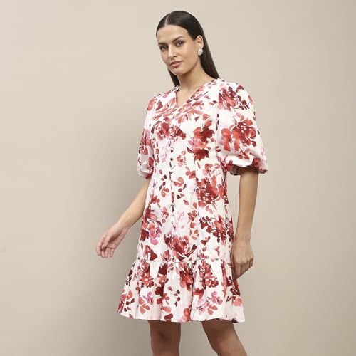 Madame Cotton Floral Print Tiered Red Mini Dress for Women