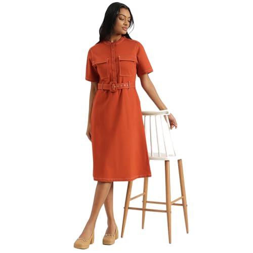 United Colors of Benetton Women's Nylon Blend Regular Knee-Length Dresses (25A4WVNDR206I901_Orange