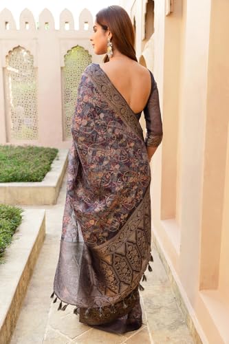 Soch Womens Grey Chanderi Geometric Print Saree