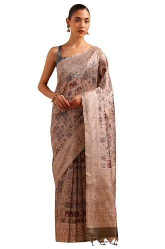 Soch Womens Beige Tussar Kantha Embroidered Warli Saree