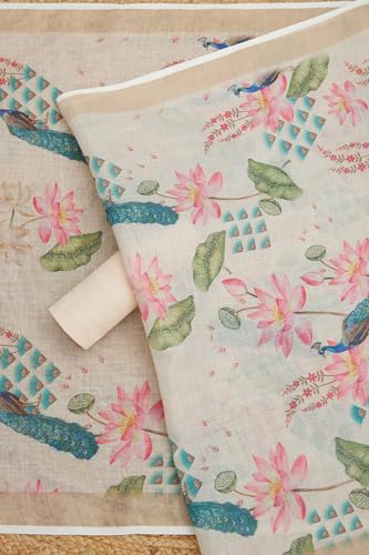 Soch Womens Beige Linen Shimmer Botanical Print Unstitch Dress Material With Sequins