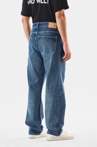SNITCH Men Casual Jeans | Loose Fit Blue Mid Rise Stone-Wash Design | 100% Cotton Smooth Texture & Durable Stitching for Everyday Comfort & Style