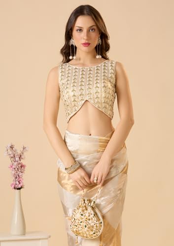 S SALWAR STUDIO Off-White Georgette Boat Neck Sleeveless Readymade Blouse