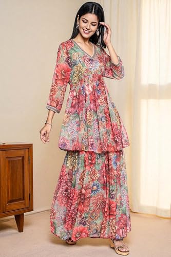 W for Woman Multicolour Printed Silver Chiffon Flared Kurta, Sharara and Dupatta Set (Size: L)-WS13199-126196
