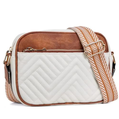 ITALISH Women Leather Crossbody Sling Bag in Geometric Pattern (White And Tan)