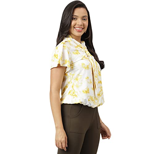 Latin Quarters Women Yellow Printed Short Sleeve Top with Tie Up Neck