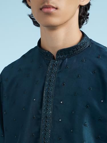 DIWAS BY MANYAVAR Men's Art Silk Self Design Festive Kurta Set (2pc) (Blue, L)