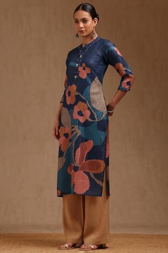 Soch Womens Navy Blue Linen Floral Print Kurta with Beads