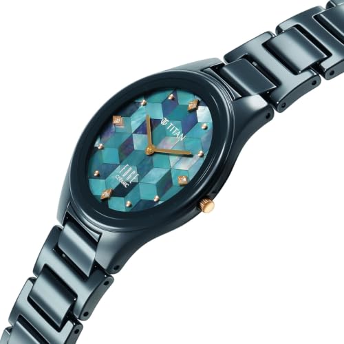 Titan Edge Tessel Quartz Analog 2Hands Display Mother of Pearl Marquetry Studded Indices Dial Atlantic Blue Ceramic Strap Watch for Women - 2653KC13