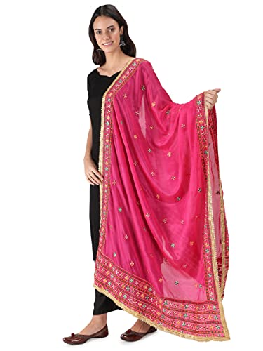 Zamour Women's Embroidered Chiffon Dupatta (304_Pink_Free Size).