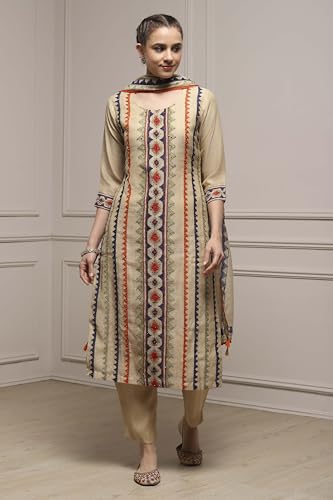 Biba Women Beige Linen Blend Hand Painted Unstitched Suit Set_FREE SIZE