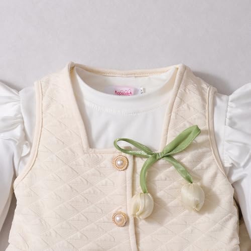 Hopscotch Girls Full Sleeves Beige 3-Pc Tulip Applique Ruffled Pant Set For Ages (4-5 Years)