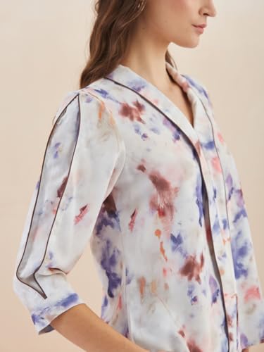 Latin Quarters Women White 3/4Th Sleeves V-Neck Tie-Dye Top for Casual_L