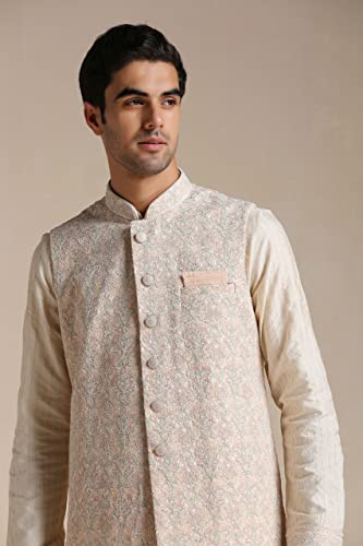 Manyavar Men's Jacket Kurta Set, Kurta Jacket Set for Men, Full Sleeves Mandarin Collar Ethnic Wear Jacket Set for Festival, Wedding, Party Blended Viscose (Off White, S)