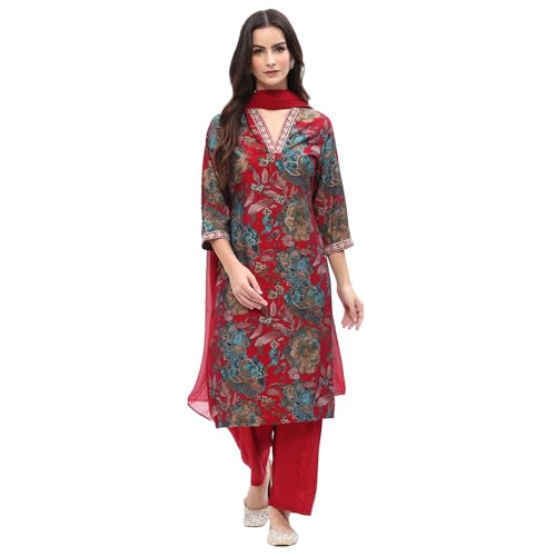 Rangriti Women's Pink Viscose Blend Floral Printed Straight Suit Set_46