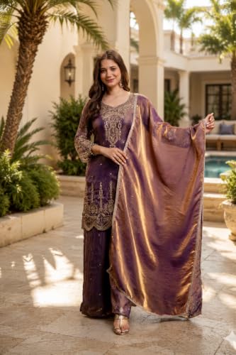 Women's Embroidered Silk Blend Kurta Set With Dupatta And Palazzo