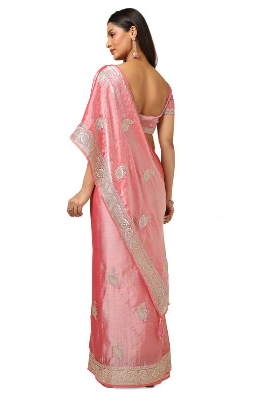 Soch Womens Peach Organza Embroidered Saree With Stone Work