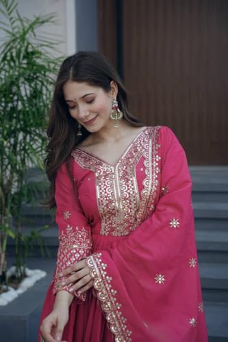 Women Most Beautiful Shimmer Silk Gown with Dupatta Long Dress, Latest Silk Long Anarkali Gown Set for Girls and Woman (in, Alpha, L, Regular, Women, Pink)