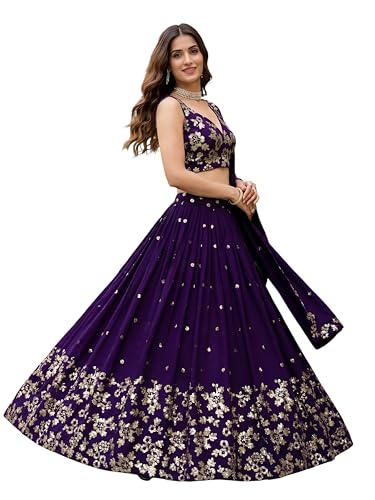 Zeel Clothing Women's Sequins and Thread Embroidered Work Georgette Lehenga Choli With Dupatta (6015-Purple-Women-Lehenga-Choli-Latest; Free size)