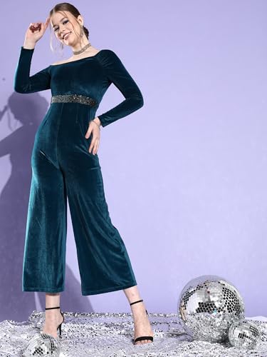 Miss Chase Women's One Shoulder Full Sleeve Solid Asymmetric Regular-Length Velvet Jumpsuit (MCSS23D98-49-83-05, Teal, L)
