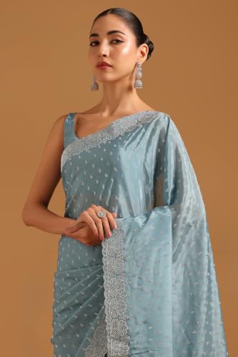 Soch Womens Powder Blue Satin Embellished Zari Woven Swarovski Stone Saree