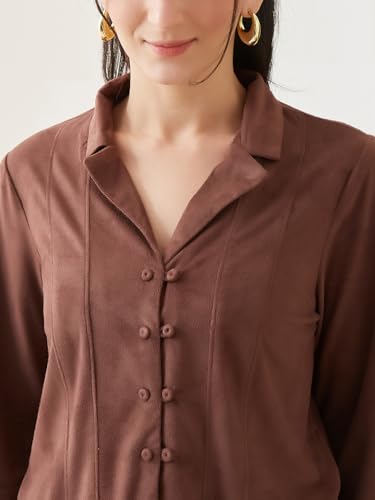 Latin Quarters Women Brown Solid Full Sleeves Casual Shirt_M