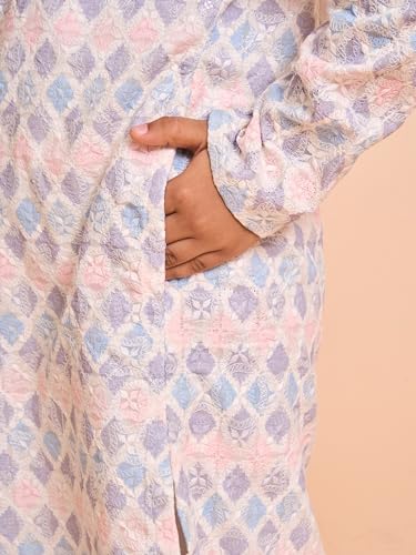 Manyavar Boys Cotton Blend Chikankari Printed & Sequinned Kurta Pyjama Set (Warm White,2-3Y)