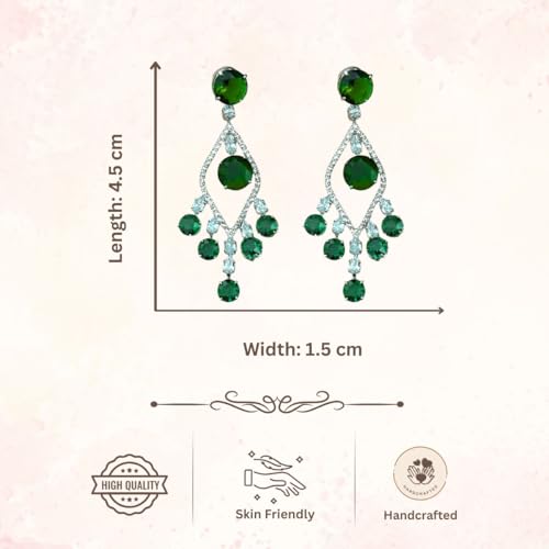 ACCESSHER Elegant Silver-Tone Multicolor Stone Drop Dangle Earrings | American Diamond Studded Lightweight Jewellery For Gift | Stylish Earrings For Women & Girls (Green)
