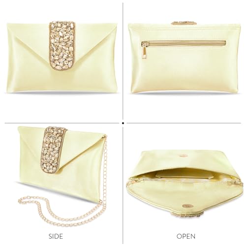 Peora Clutch Women's Purse Bridal Bag For Casual Detachable Strap Evening Sling Bag (Golden)