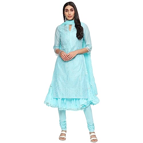 BIBA Women's Polyester Blend Embroidery Fitted Salwar Kurta Dupatta(SKDCHIKANKA8625_TURQUOISE_34)