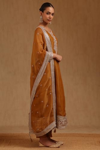 Soch Womens Mustard Tissue Embroidered Suit Set With Stone Work