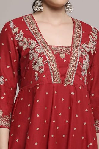 Biba Women Red Cotton Anarkali Printed Suit Set_34
