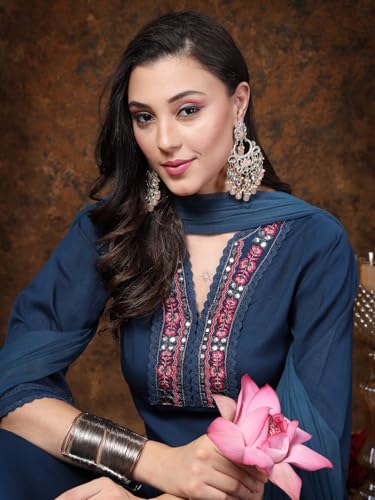 Stylum Women's Teal Solid & Embroidered Italian Crush Straight Kurta Pant Dupatta Set