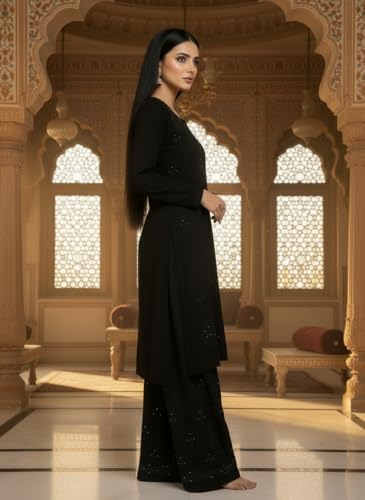 Fashion Chikan Art Women’s Lucknowi Rayon Mukaish Chikankari Straight Kurti & Palazzo Set | Hand-Embroidered Ethnic Wear | Festive & Casual Wear Kurta Set (S, Black)