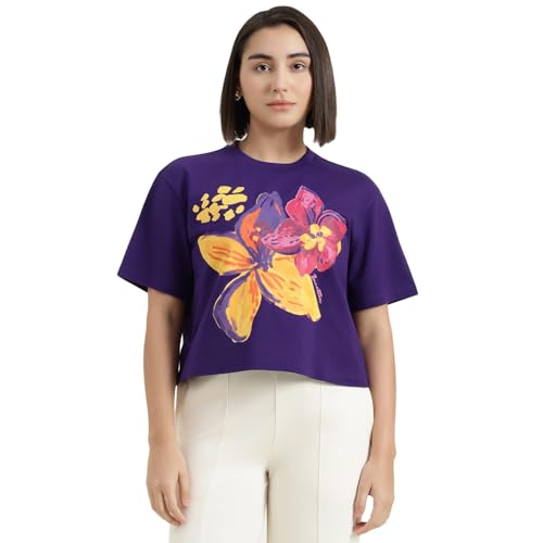 United Colors of Benetton Round Neck Floral T-Shirt (Size : XL) - 26P3099W3F11IV19 Purple