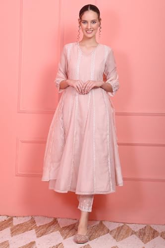 Wishful Women's Pastel Pink Embroidered Festive Anarkali Kurta, Pants and Dupatta Set (Size: XL)-SP12463-221478