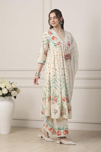 Biba Women White Cotton Anarkali Suit Set_38
