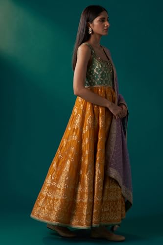 Wishful Women's Yellow and Green Zardozi Embroidered Jacquard Anarkali Kurta with Churidar and Dupatta Set (SP12840-314439-L)