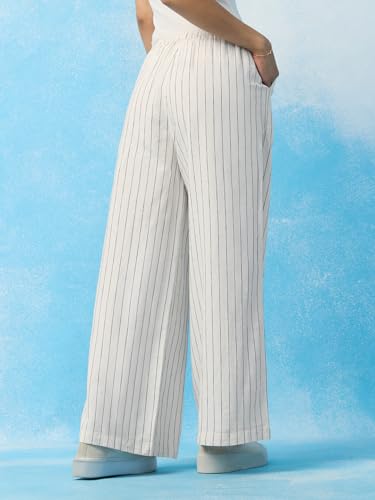 The Souled Store Cotton Linen Pant: Soleil Women and Girls Drawstring Waist Off-White Pinstriped Cotton Linen Blend Wide Leg Breathable Lightweight All-Season Casual Pants