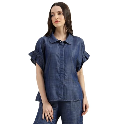 United Colors of Benetton Regular Fit Peter Pan Collar Solid Tencel Top (Size: XL) - 26P5TOPTNC02I902 Blue