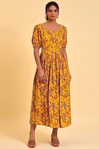 W for Woman Women's Rayon Yellow Pleated Long Summer Maxi Dress Ankle Length 23FEW18822-810315