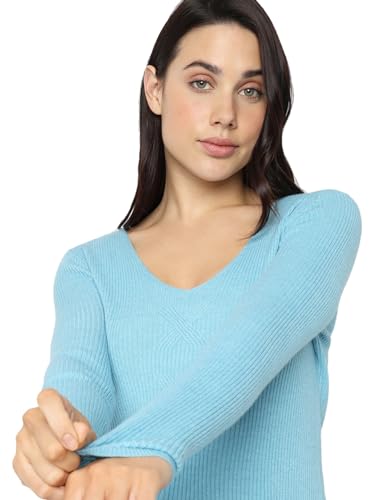 VERO MODA Women Solid Blue Viscose Regular Fit Pullover Sweater