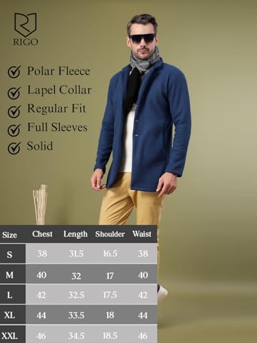 Rigo Cotton Polar Fleece Solid Overcoat for Men | Regular Fit Lapel Collar Long Jacket Overcoat | Winter Wear Men's Long Overcoat